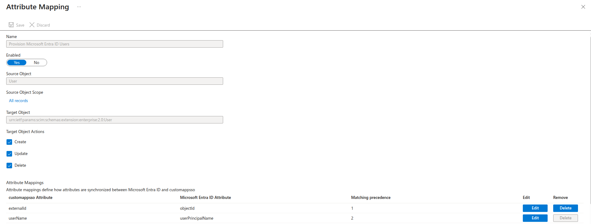 Attribute Mapping screen showing externalId and userName with matching precedence 1 and 2